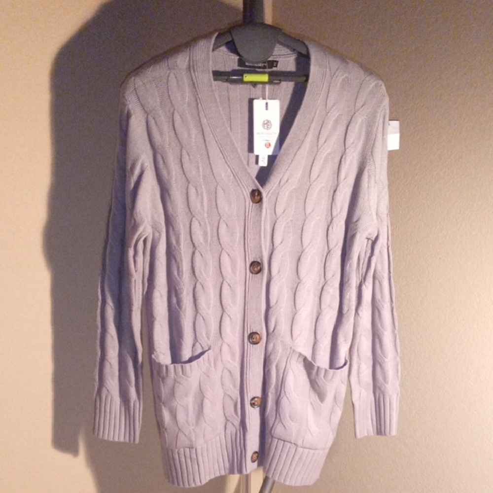 NWT MEROKEETY Women's Gray Cable Knit Cardigan Sweater Size XL